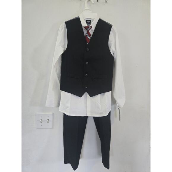 IZOD Boys 4 Piece Suit Set Size 12 Black Vest Pants White Shirt Red Tie NWT - Picture 1 of 10